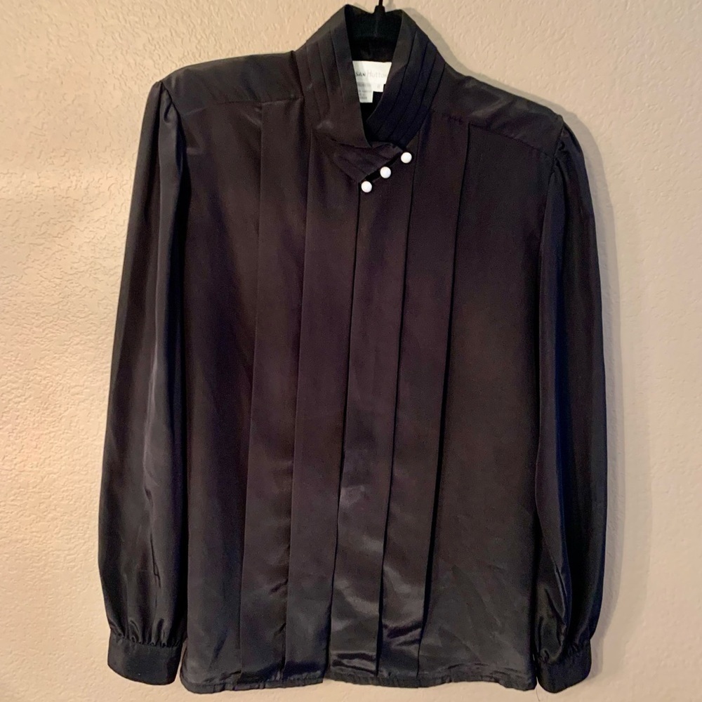 Vintage Blouse Size 8 Susan Hutton Black Satin White Buttons Long Sleeve Classy - Picture 2 of 16